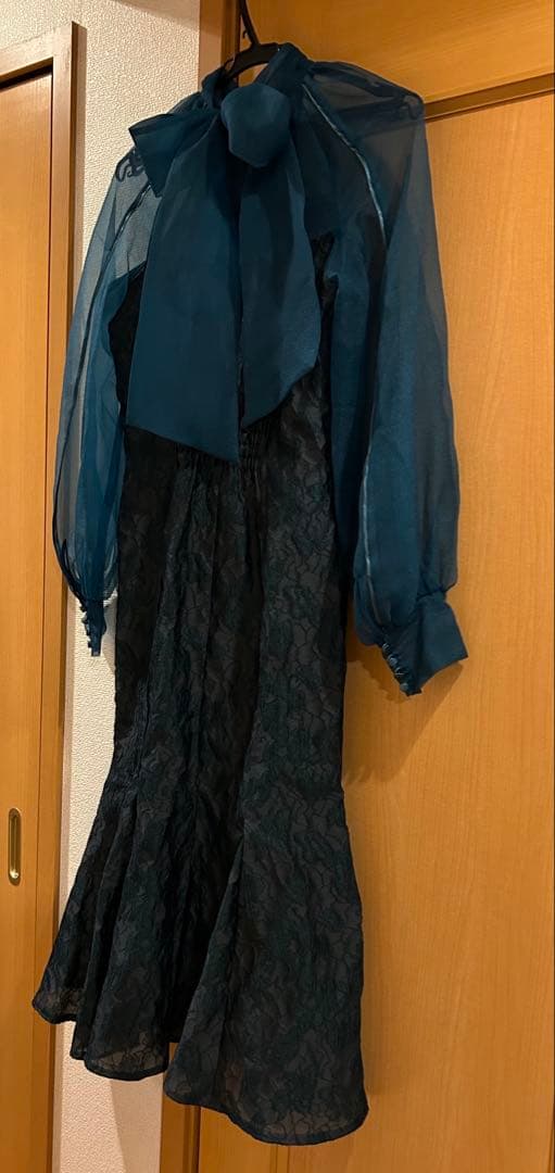 【美品】グロッシーレースジャガードマーメイドドレス ダークグリーン