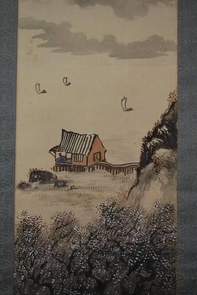 真作/中井竹泉/梅渓山水図/布袋屋掛軸B-224