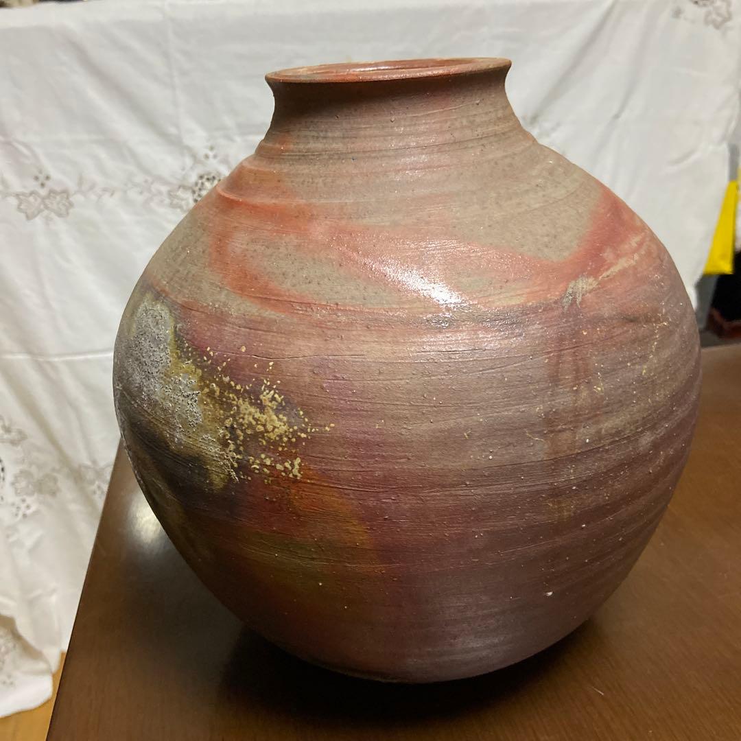 備前焼　作家作　手作り陶器 花瓶 赤灰色