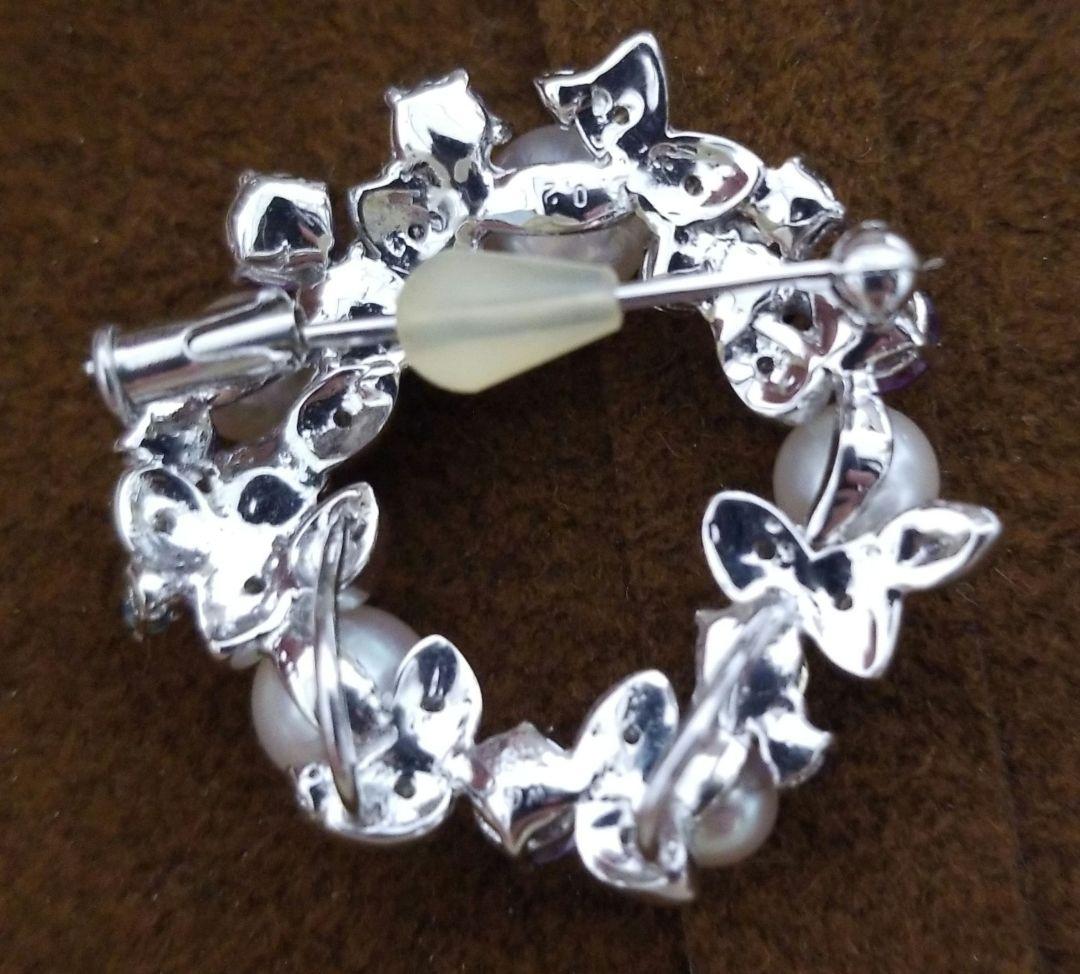 金K18WG 真珠と天然石とダイヤのブローチ・イヤリングセット