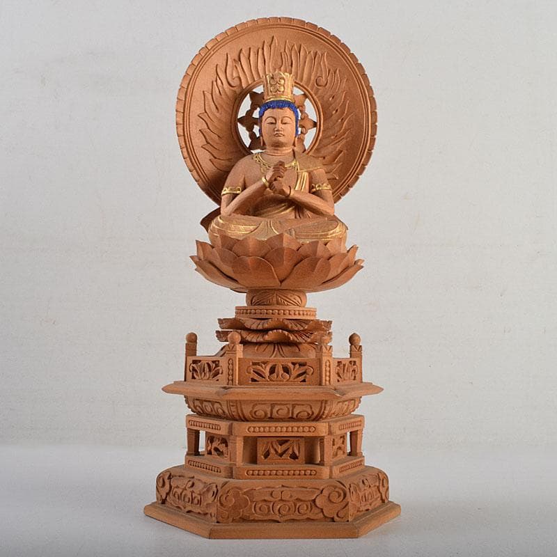 仏教美術　白檀彫刻　色彩木彫　大日如来坐像(金剛界)　仏像　置物　F　R9395