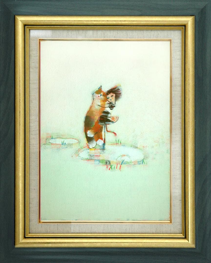 油絵 菅家令子絵 絵画インテリア額付(青緑＋金色の枠)F4-072719猫女の子