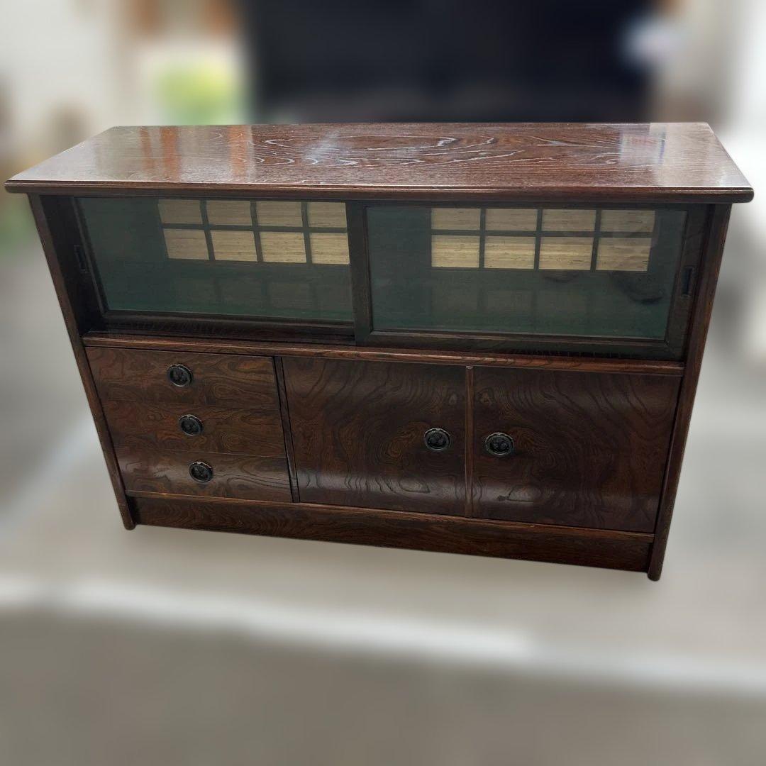 木製ガラス扉収納キャビネット　和風　飾り棚