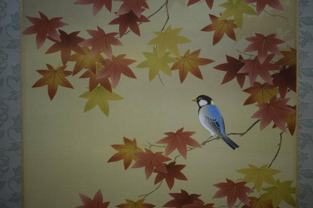 真作/松村朱夏/紅葉に小禽図/美品/桐共箱付/布袋屋掛軸HF-62