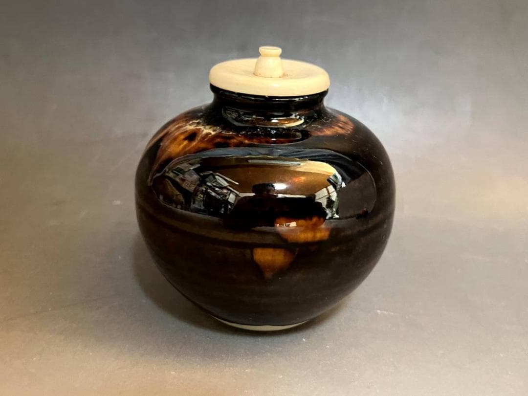 茶入■文琳茶入【洛東定一作】飴釉 糸切高台 お茶道具 古美術 時代物 骨董品■