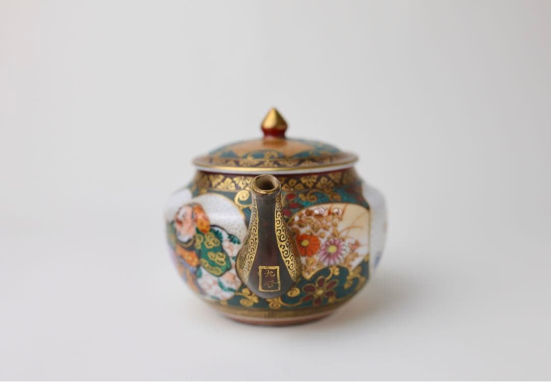 九谷焼　寿老人　細密絵　青海波　七宝図　青粒　煎茶器　急須　茶碗