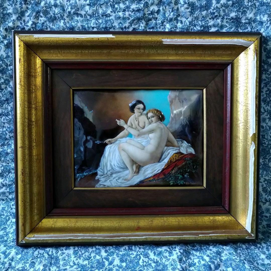 ✤リモージュ額入りエマイユ銅版画✤「ふたりの裸婦」✤