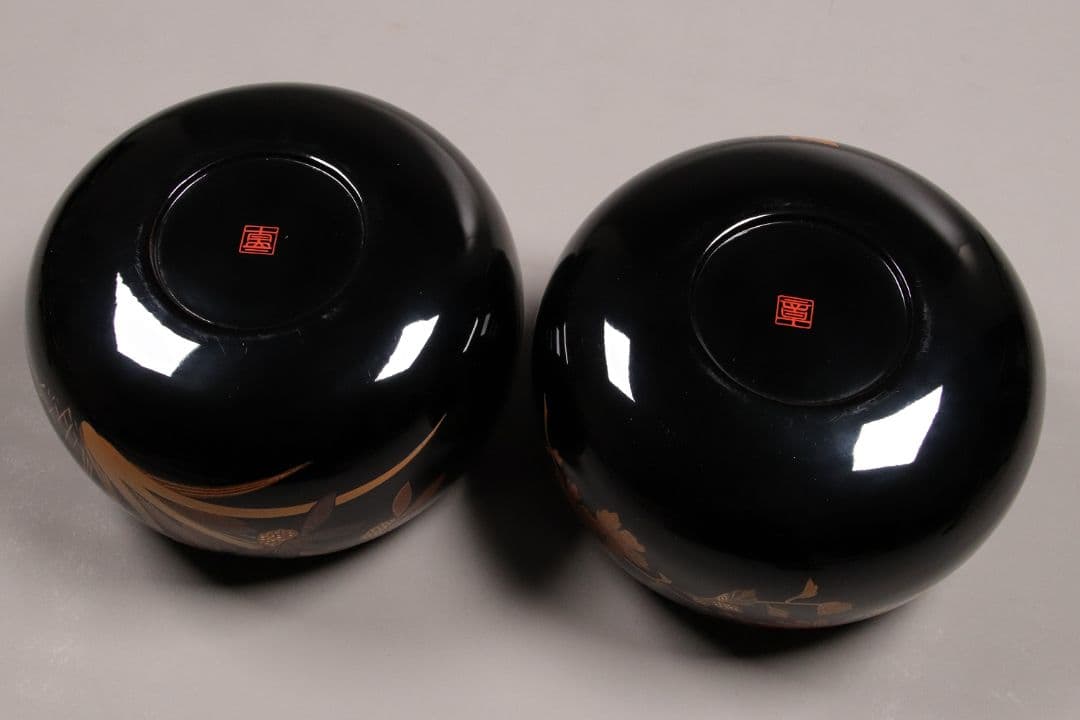 M937 輪島塗 柿木章作 四君子鷺烏蒔絵 碁器一対 木製 黒塗 内梨地 共箱