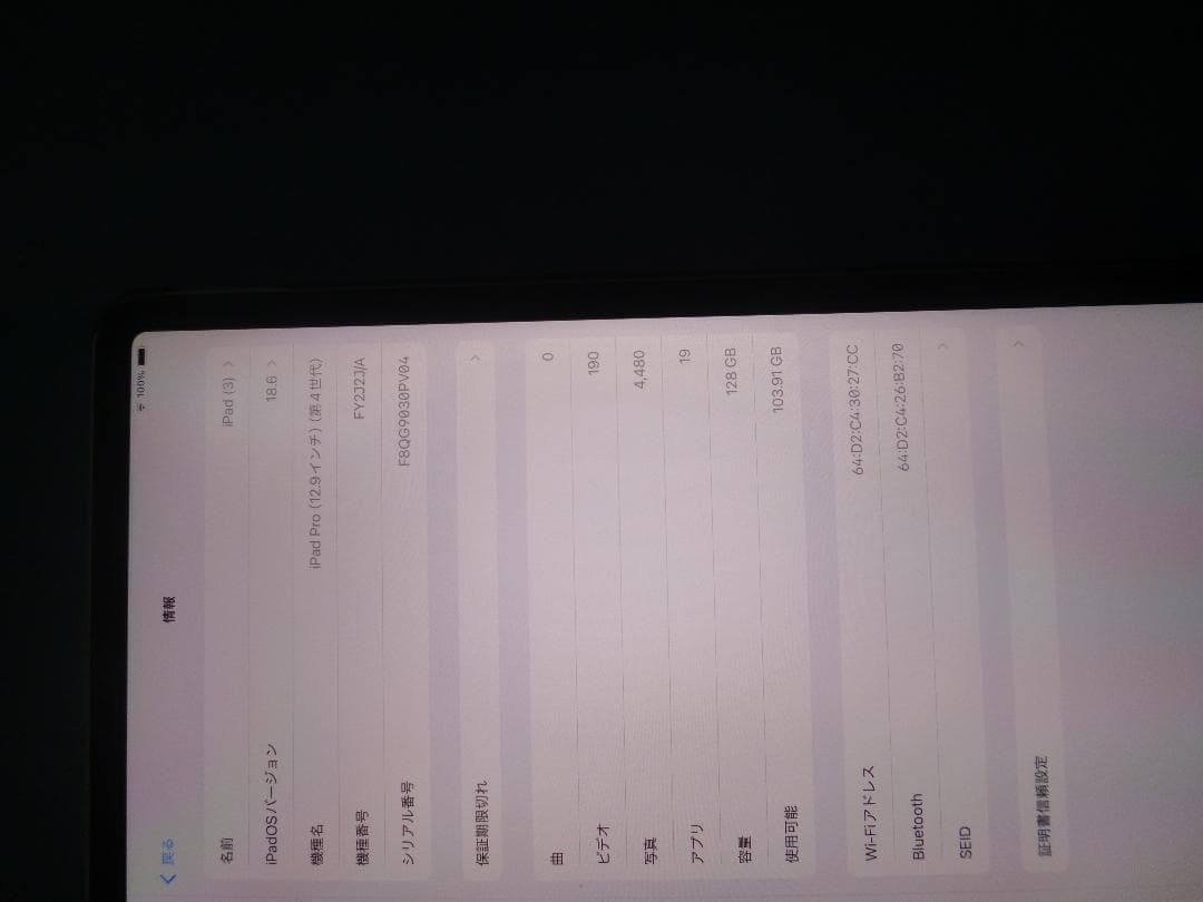 apple Pad Pro 12.9インチ 第４世代　Wi-Fi 128GB