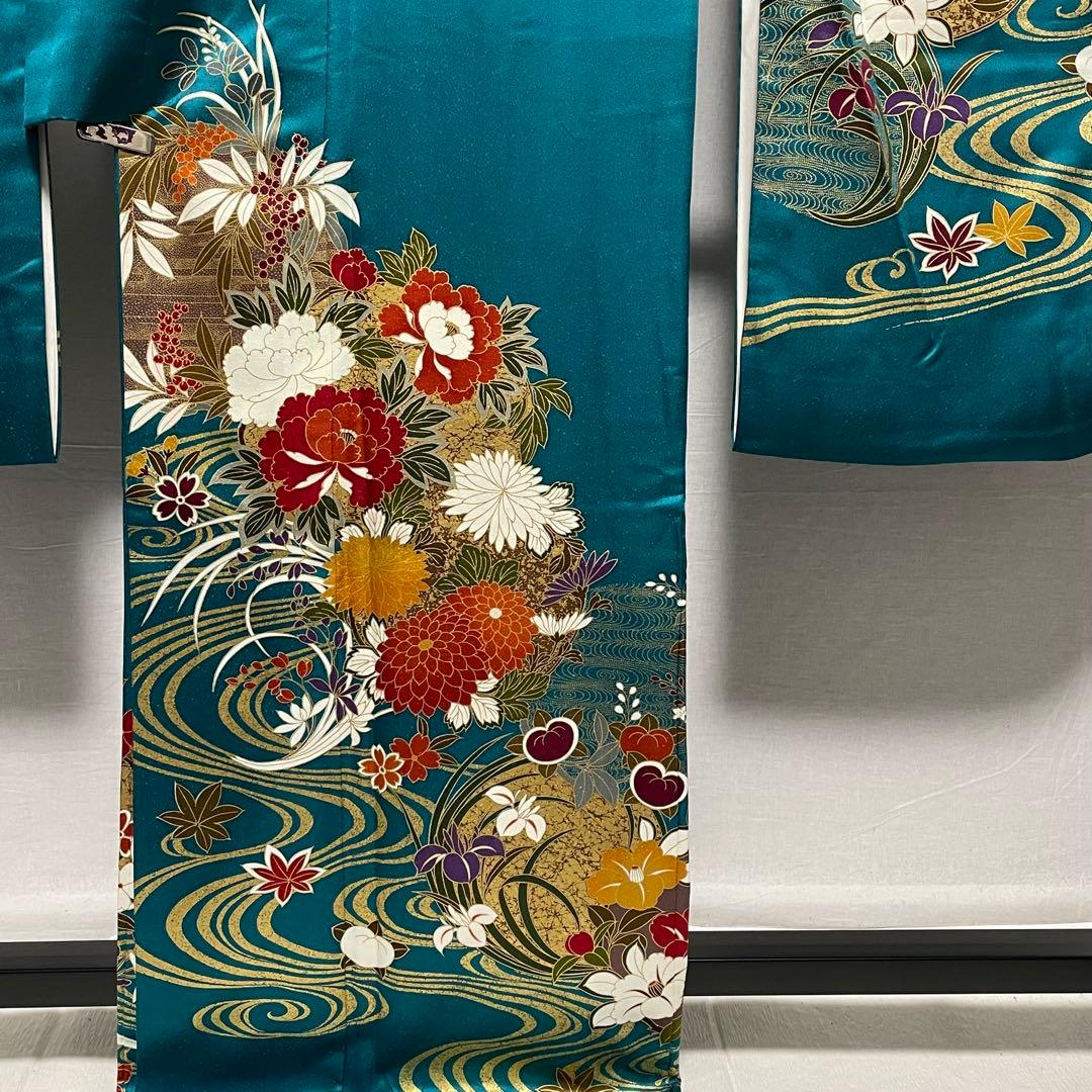 D770 振袖　花模様　流水　金彩　正絹　着物　袷　極美品