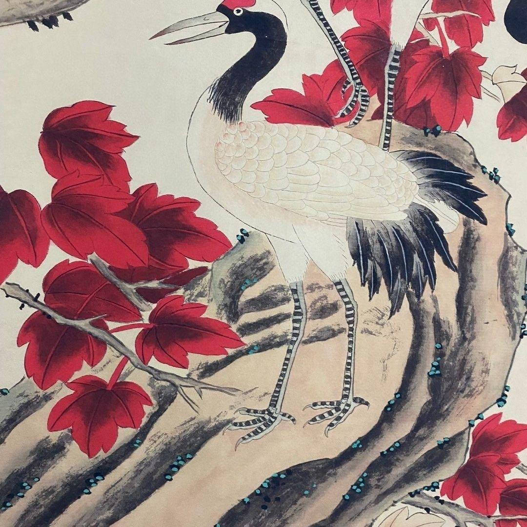 【掛軸】花鳥図「紅葉双鶴」齐白石風 四尺中堂 手工仕立て 180×70cm