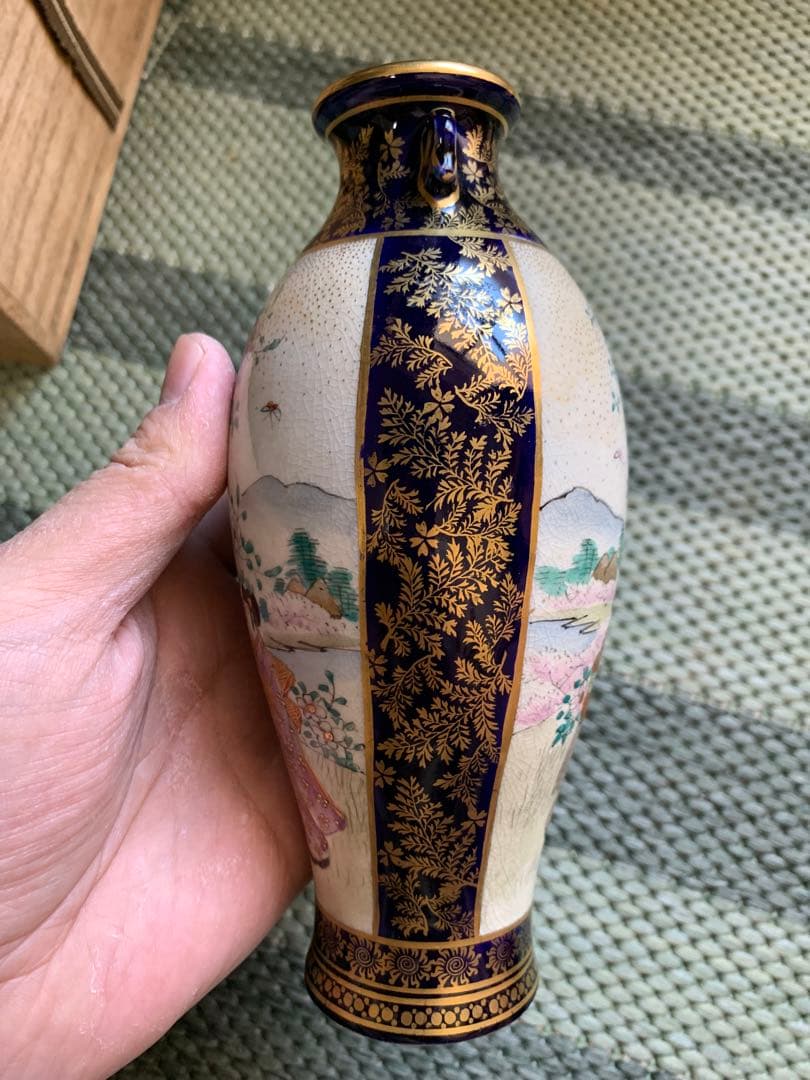 明治時代 薩摩焼「美人図小花瓶」楠部銘 箱付 花瓶 古玩 色絵 花器 古美術