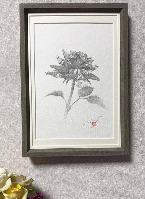 鉛筆アート「マーブル・ローズ」1点物、真筆
