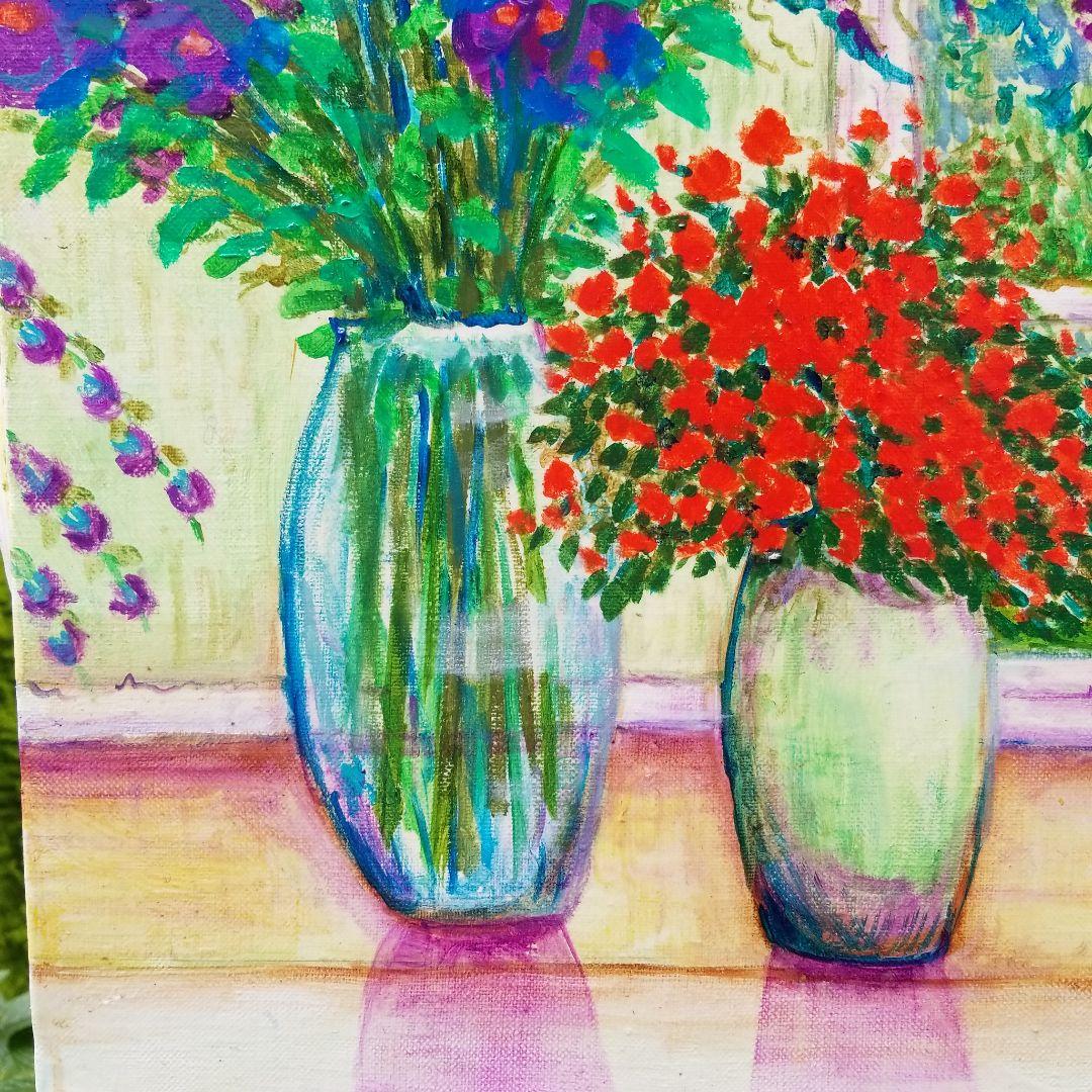 キャンバス油絵　よっこ確認　窓辺に並べたお花　大きめキャンバス