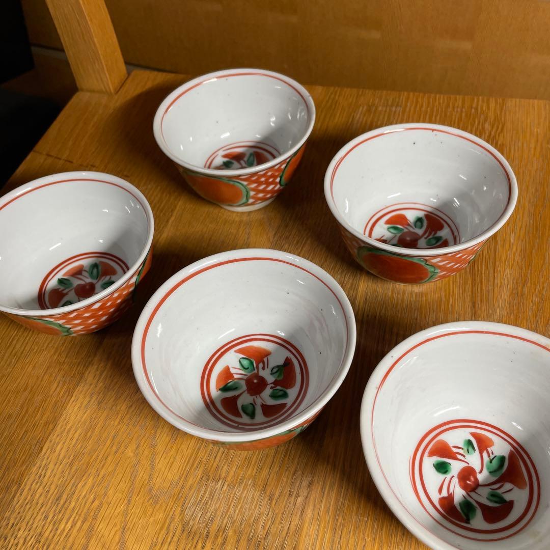 須田菁華　赤絵丸紋　煎茶碗　五客　箱なし