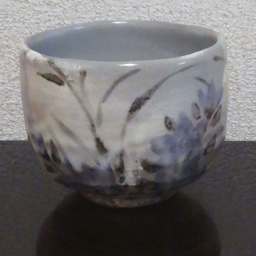 虎渓山　水月窯　　桔梗絵　美濃焼　茶碗　共箱　共布　茶道具