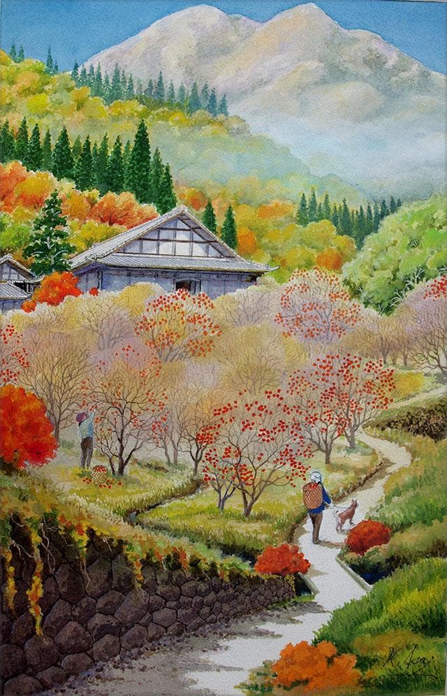 水彩画「南飛騨の秋」