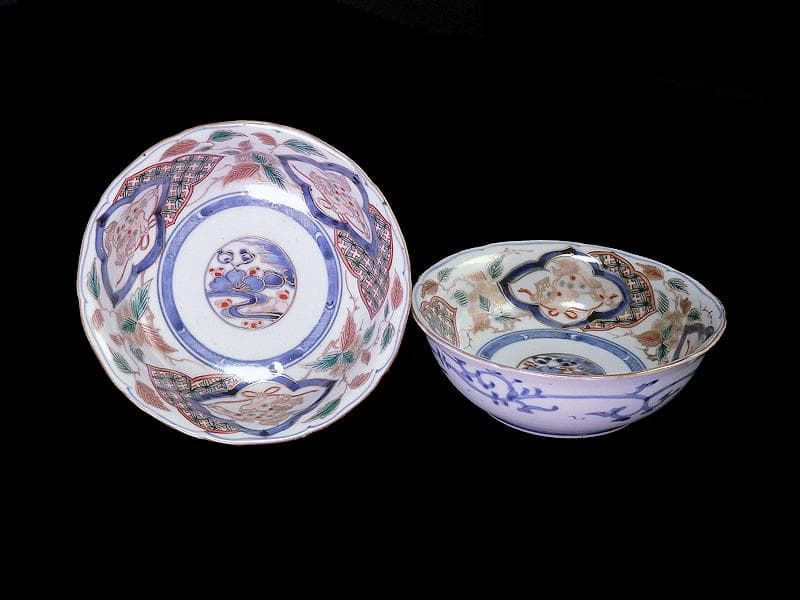 古伊万里　染錦　獅子に七宝紋の図　膾皿　２客　D797AS-fbqy