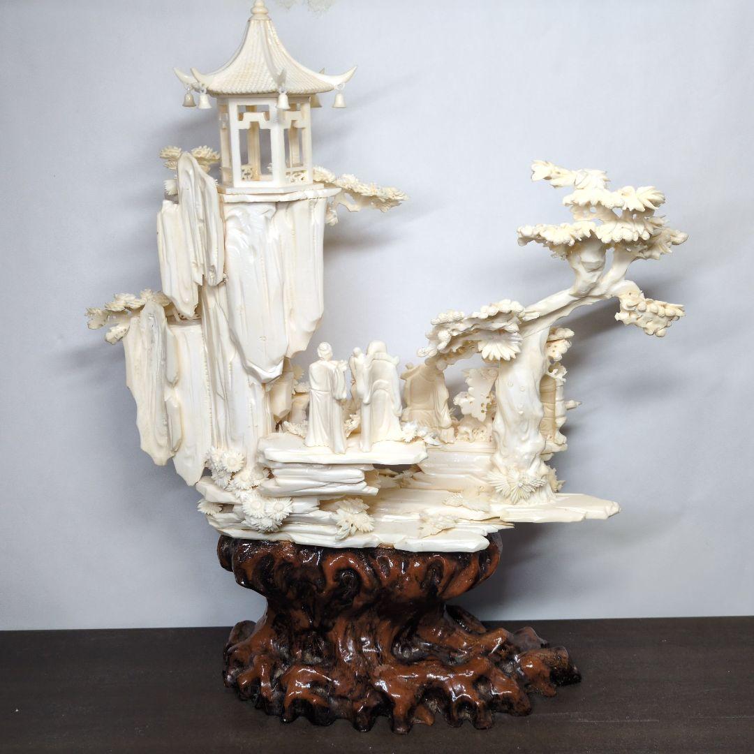 中国美術 八仙 桃源郷 細密彫刻 置物 高さ約42cm