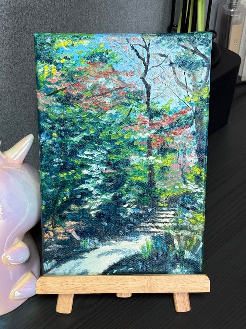 「林間の道」　手描き　油絵　風景画　原画　油彩画　印象派