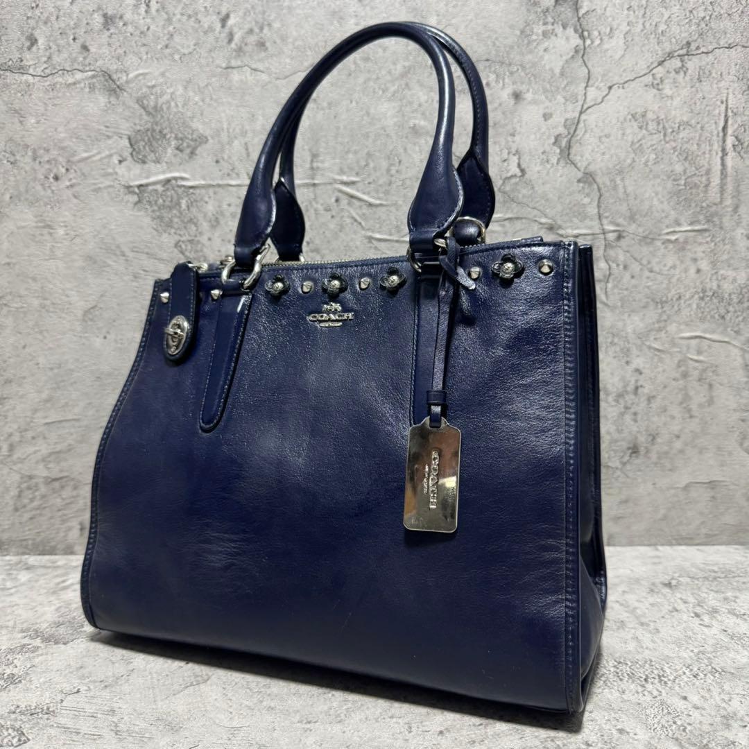 極美品✨️希少 コーチ ハンドバッグ キャリーオール ターンロック 本革 花 紺