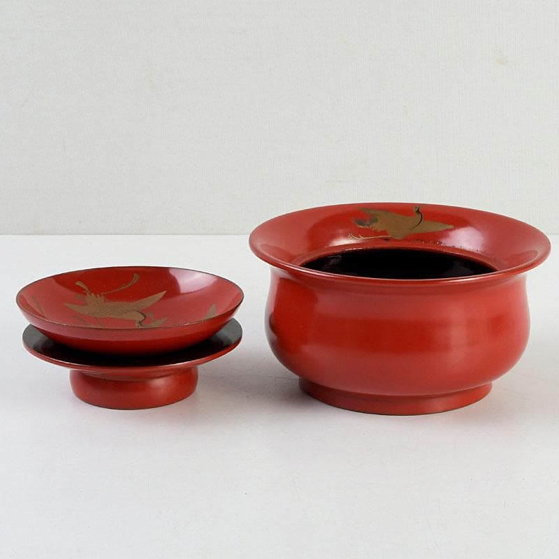 和食器　朱塗　鶴蒔絵　椀　盃　時代箱　V　9585