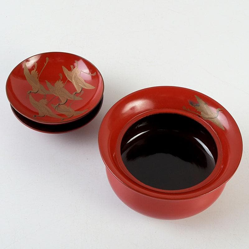 和食器　朱塗　鶴蒔絵　椀　盃　時代箱　V　9585