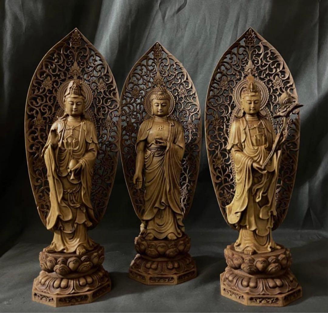 n*i様 総柘植材　仏教工芸品　時代彫刻　一刀彫　極上彫　木彫仏像　阿弥陀如来三