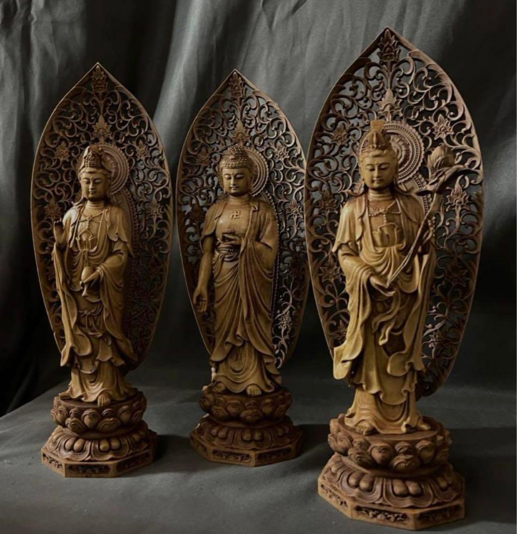 n*i様 総柘植材　仏教工芸品　時代彫刻　一刀彫　極上彫　木彫仏像　阿弥陀如来三