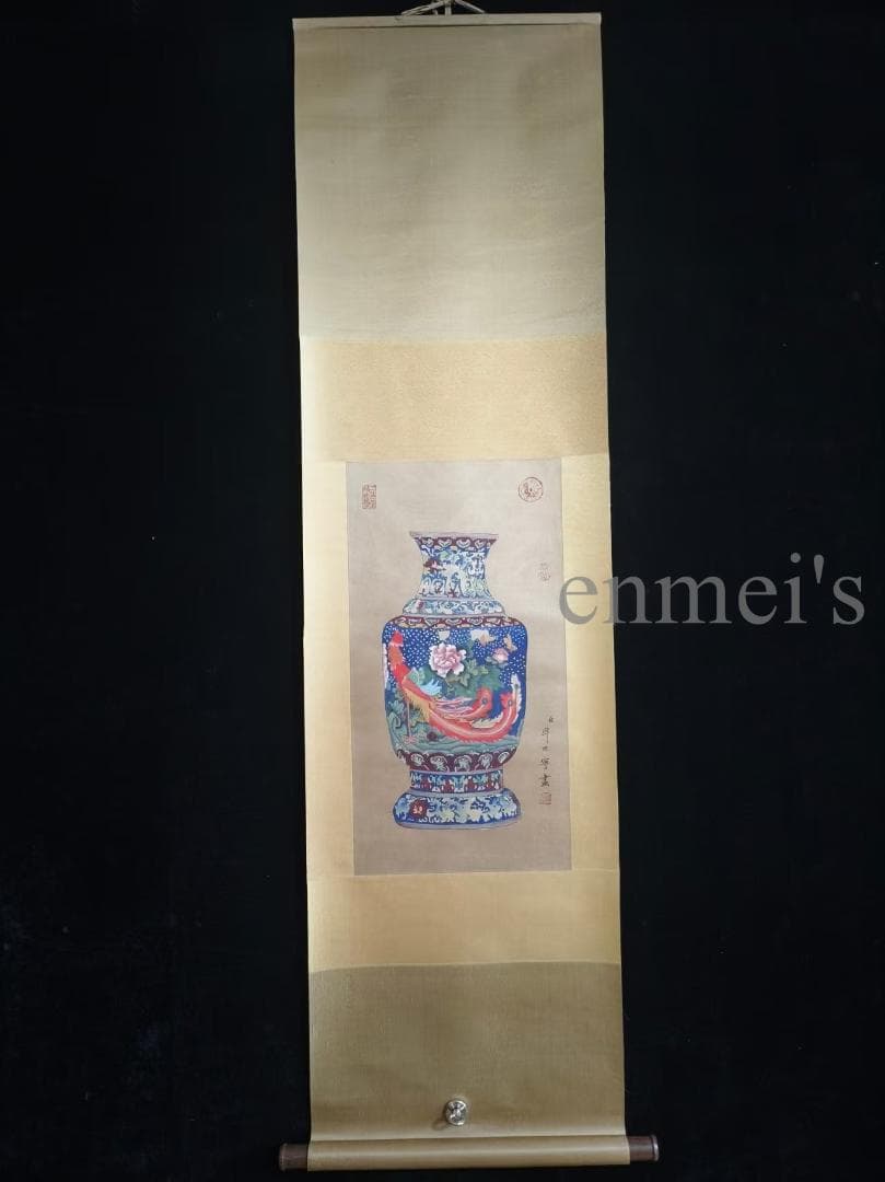 中国古美術 近代 絹本手描き 郎世寧 博古瓶図 三尺 牙軸 肉筆 古玩 中堂画