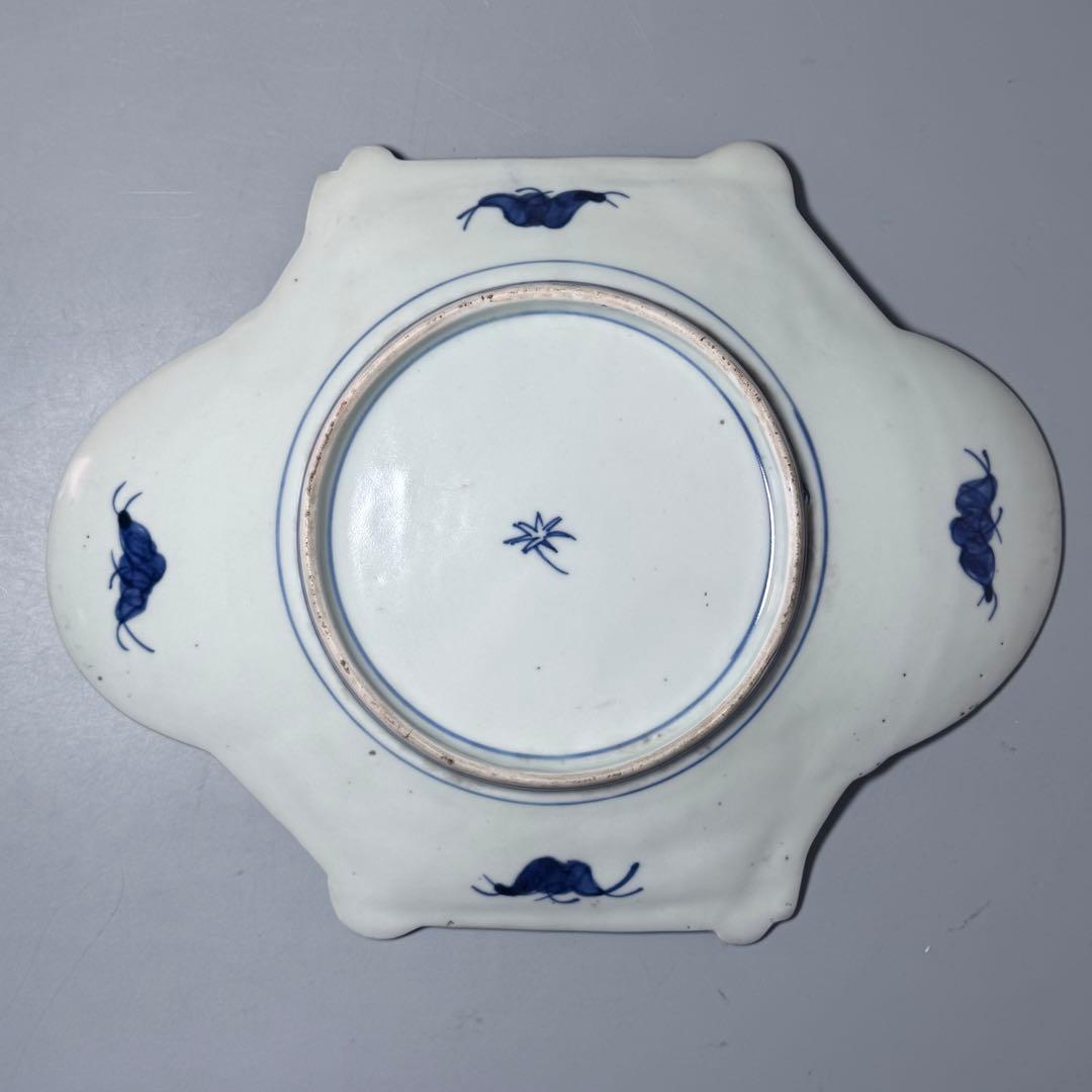 1800年代後期　古伊万里　色絵花蝶図変形中皿　五枚　柘榴に鳳凰　裏蝙蝠文　珍品