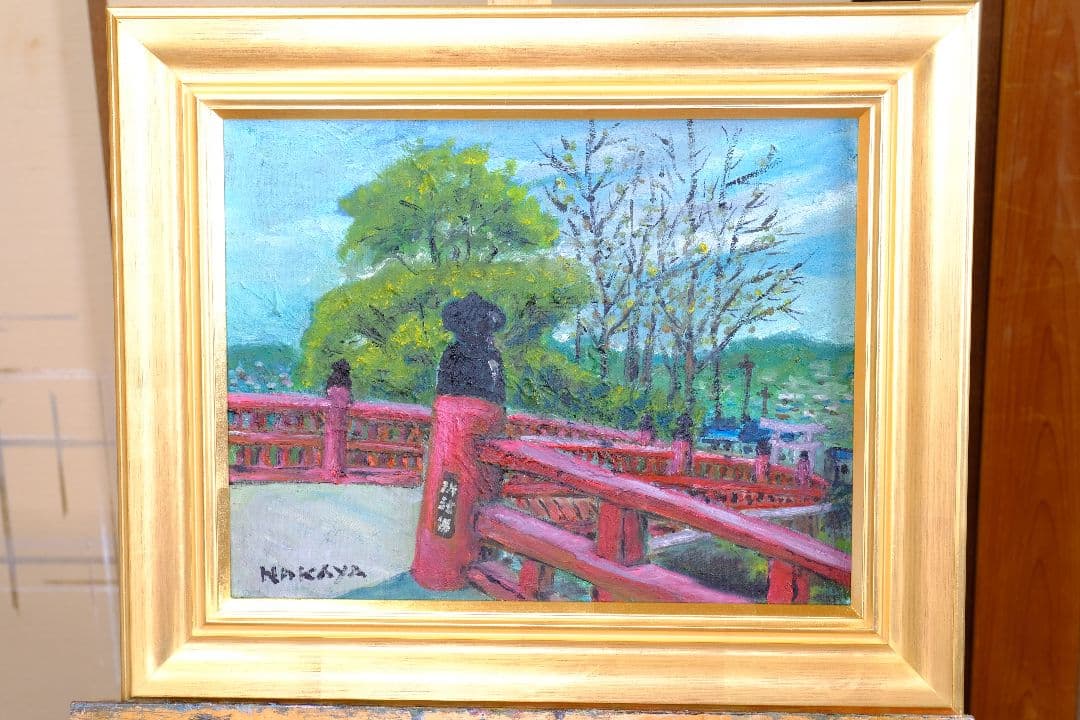 多田御社橋　油絵　F6号　額縁付き