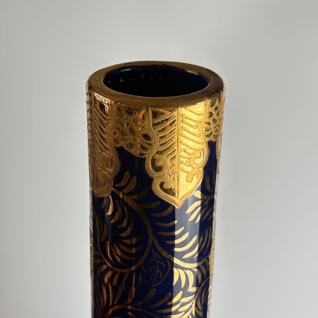 栄盛窯 瀧山作 薩摩焼 金襴手 花鳥図 鶴首花瓶 高さ約65cm 花瓶 花入れ