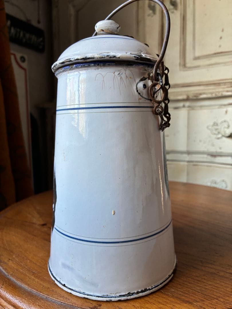 フランス　アンティーク ホーロー ミルク　ポット　キャリー 缶ホワイト　シャビー