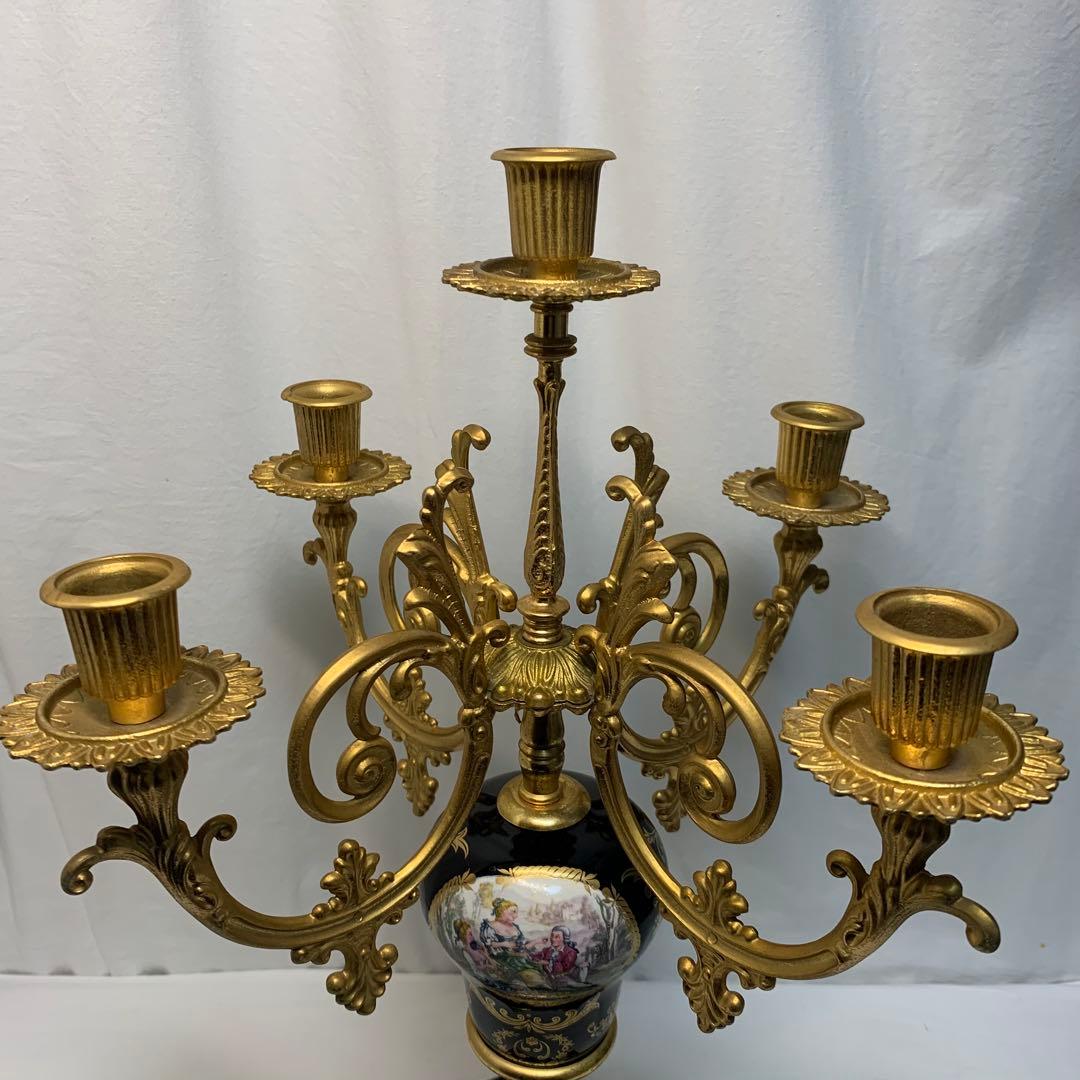 ヴィンテージ伊製コバルトブルー磁器5灯キャンドルスタンドロマンティック調美品豪華