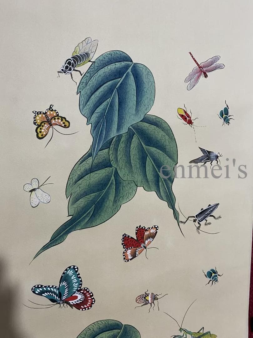 中国古美術 近代 齊白石款 昆虫と葉の掛軸 宣紙 肉筆 唐物 書画 名家作 旧蔵