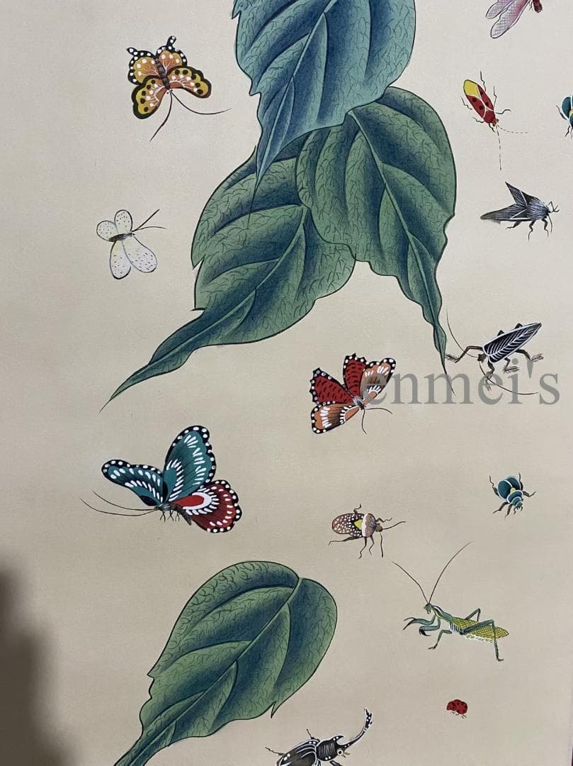 中国古美術 近代 齊白石款 昆虫と葉の掛軸 宣紙 肉筆 唐物 書画 名家作 旧蔵