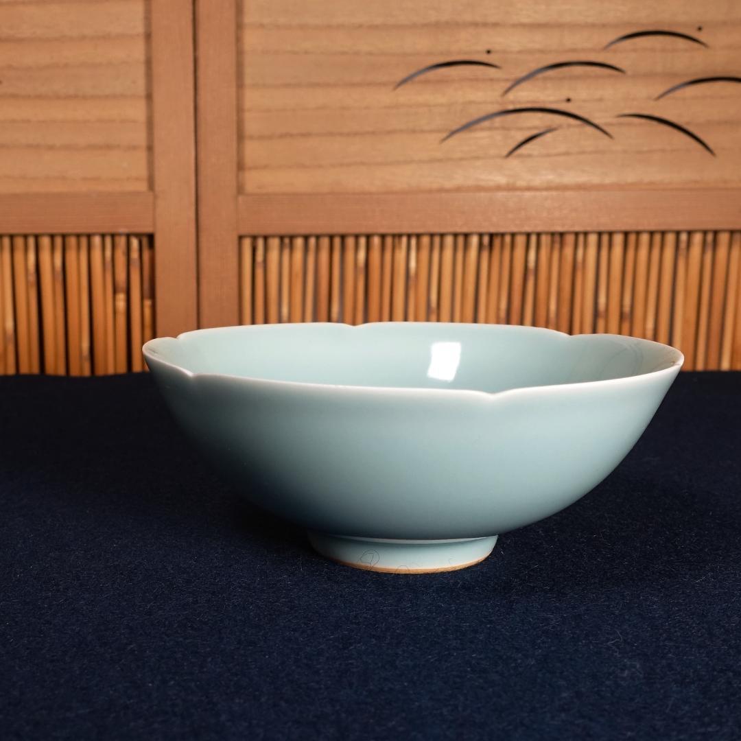 二代 加藤渓山造 砧青瓷 馬蝗絆茶碗 共箱 茶道具