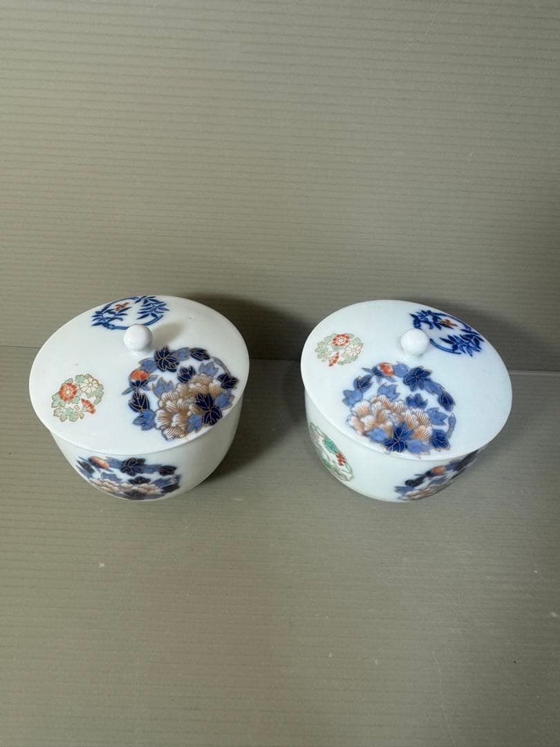 2394 深川製磁 染錦花丸文　湯呑蓋付　2客　時代物