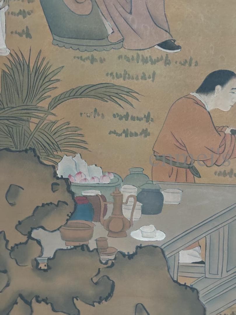 中国古美術・純手描き柳陰対弈図・六尺掛軸・水彩画・唐寅印款・書道品・絹本・肉筆