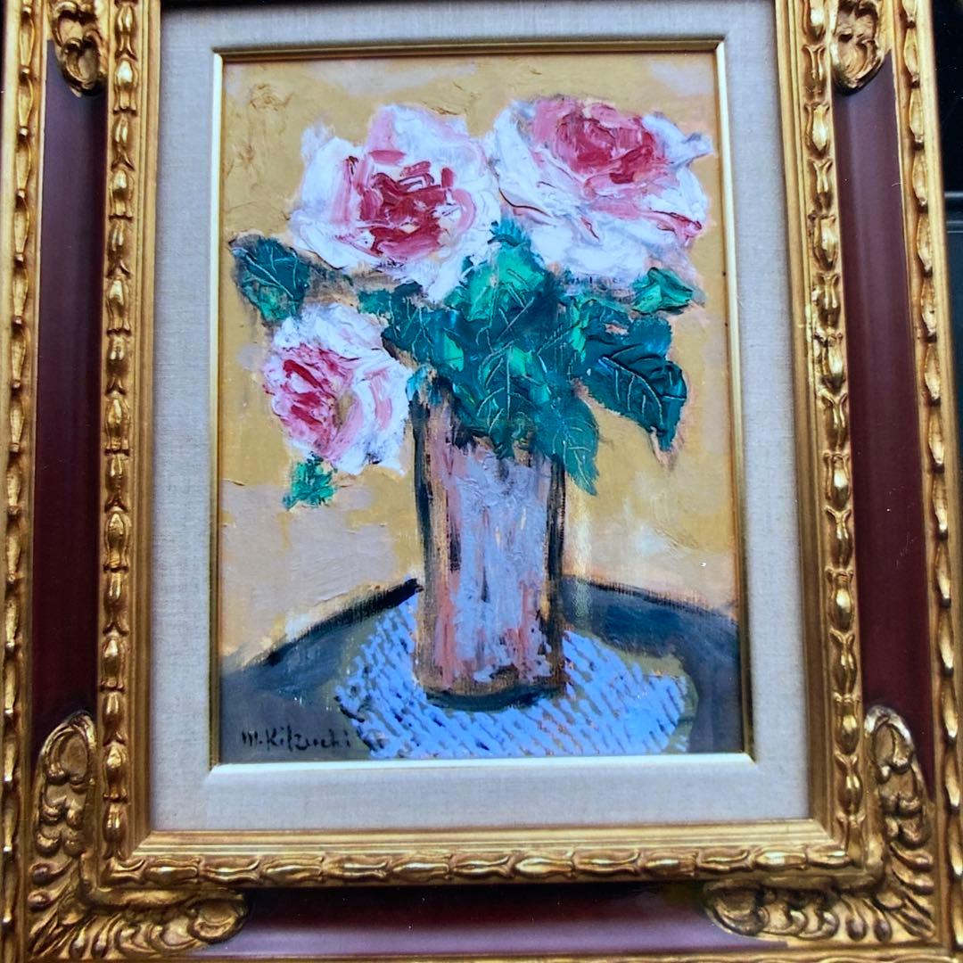 画家菊地正則「三輪のバラ」(ピエールロンサン)絵画　油彩画　額付き　F4 美品