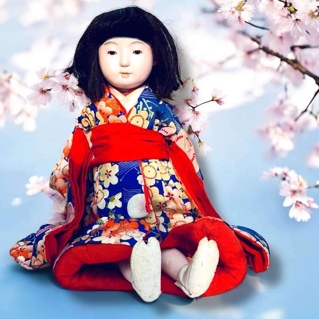 市松人形 明治期 三つ折れ ふいご 山桜 青縮緬着物 花柄 ガラス目 希少 泣き
