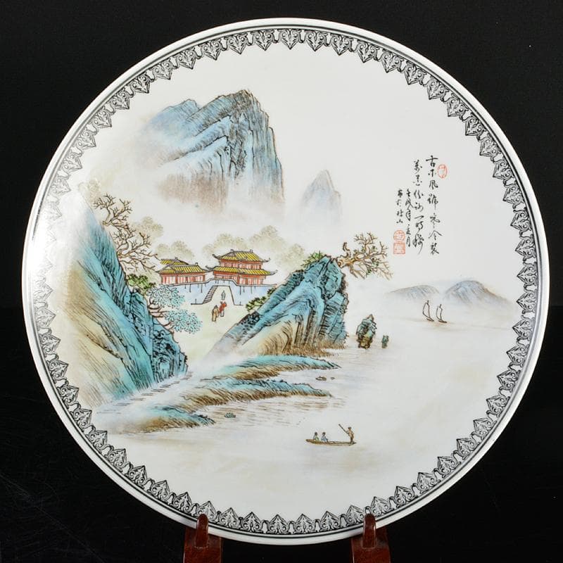 中国　1980年代中国景徳鎮製　漢詩山水文盤　飾皿　4枚　時代箱　BR5731B