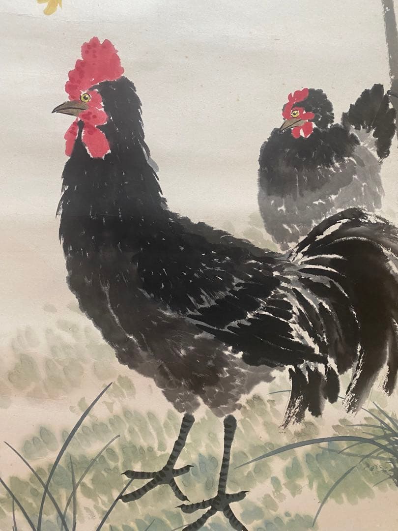 江寒汀 中国画　骨董品　鶏の図　掛軸　美術品　紙本　肉筆　茶掛