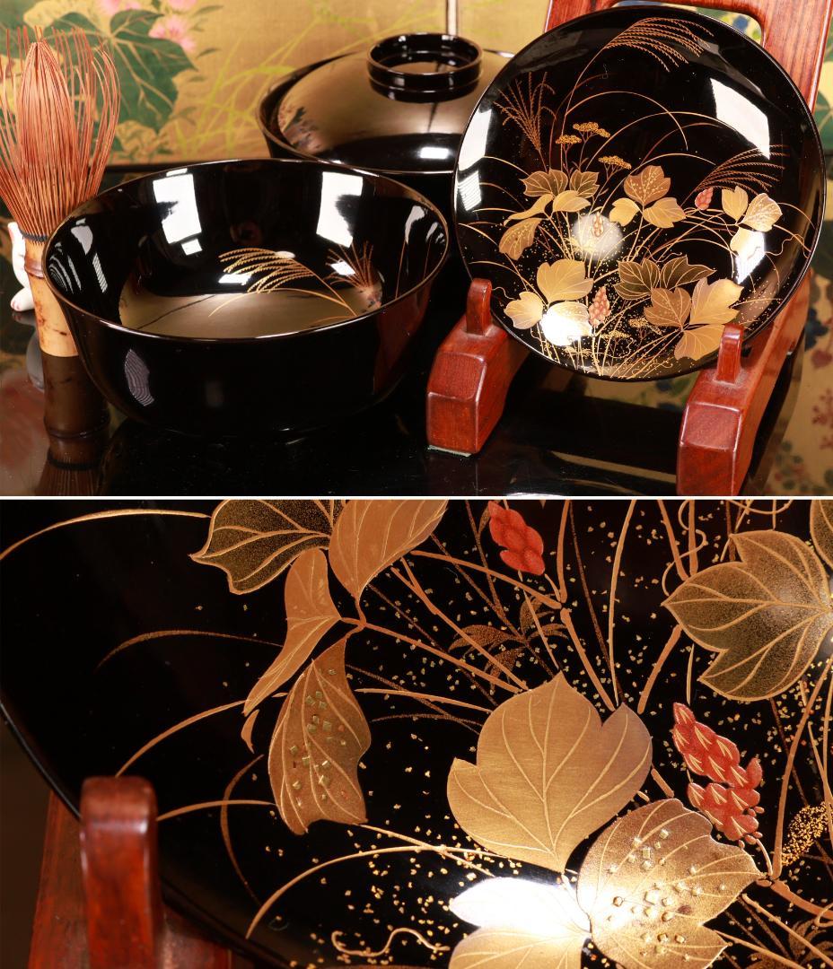 はる、BJ031A 時代輪島塗　秋乃草図金蒔絵　あつもの椀　吸物椀　二客