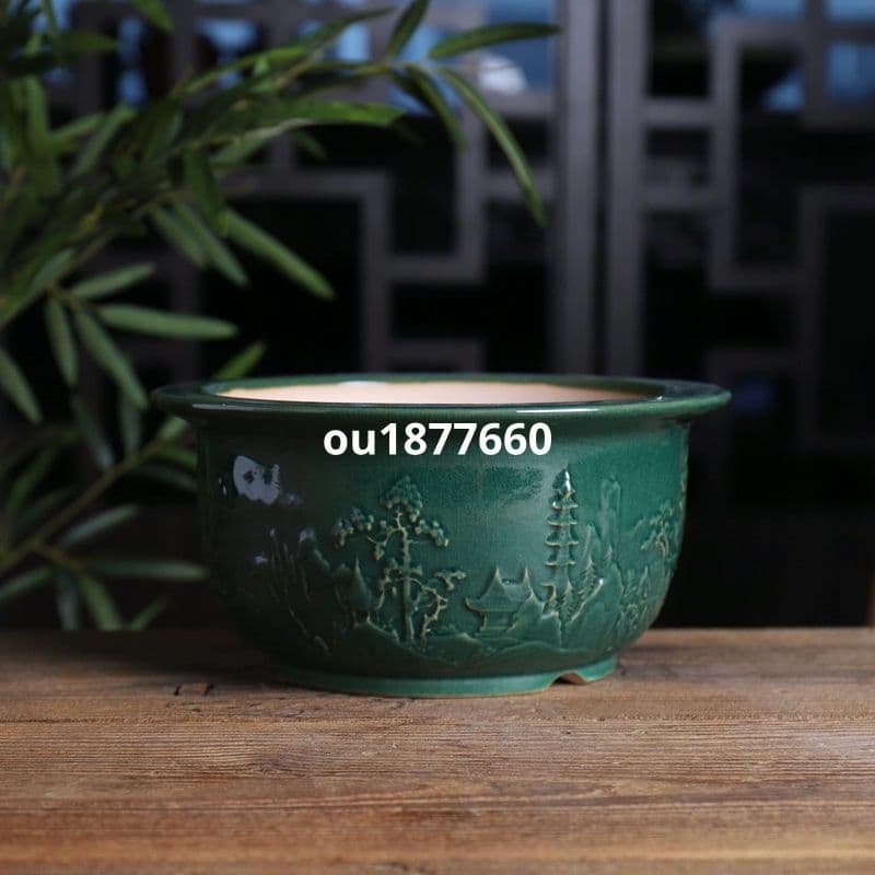 山水円盆 盆栽鉢 青磁鉢 山野草鉢 多肉植物 植木鉢 小品大品盆栽鉢 陶器鉢置物