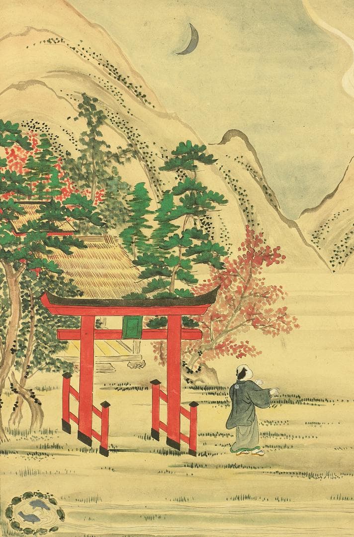 無落款 夢相図 掛軸 肉筆 紙本 龍 鯉 月 旭 鳥居 神社 風景