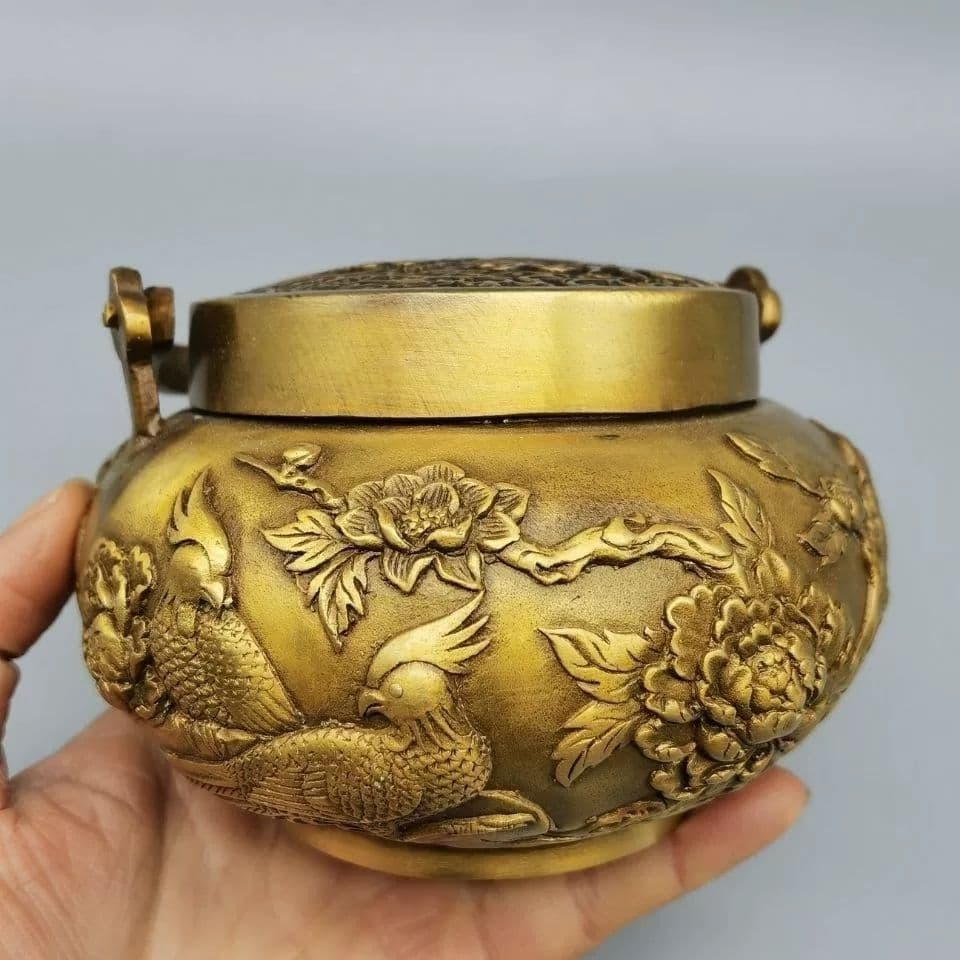銅器 麒麟暖手炉 花鳥香薫炉 香道具 装飾品 工芸品 置物