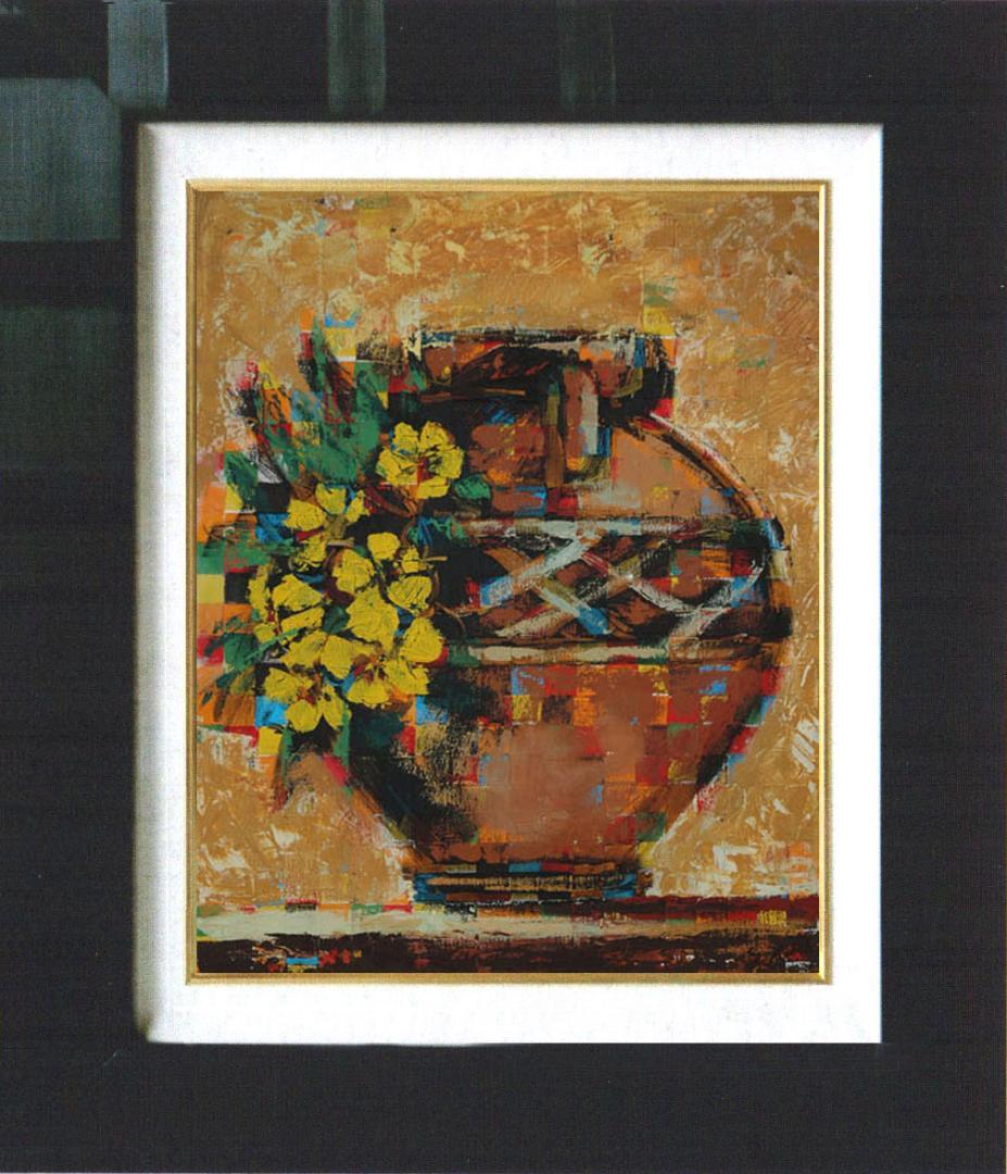 油絵 菅家令子 絵 絵画インテリア額付(黒) uF6-063904 静物 壺 花