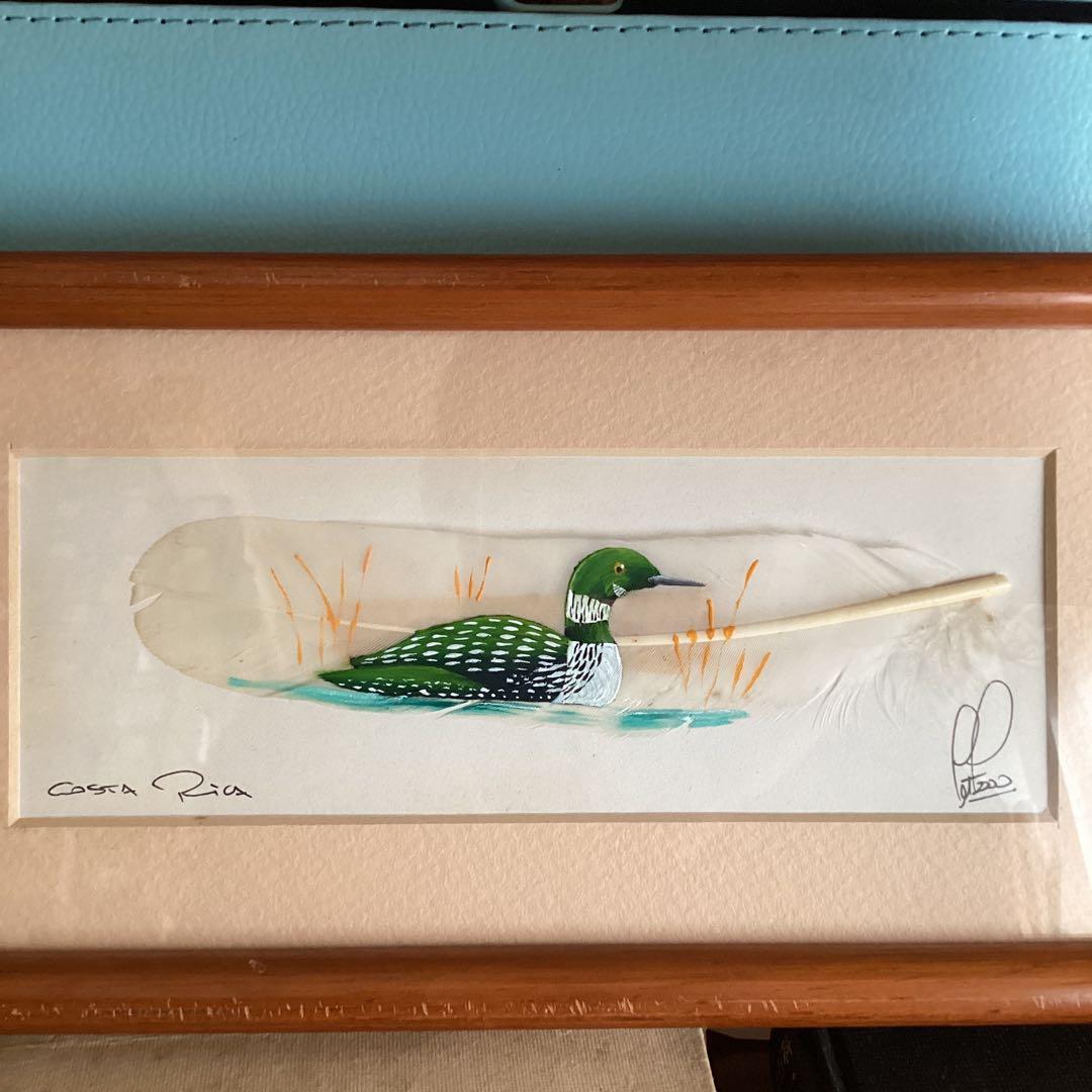 水彩画　　タイトル【　鴨　】鳥の羽に鴨の絵が描かれてます。壁掛け額装　直筆サイン